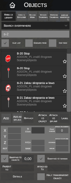 Scenery objects main panel